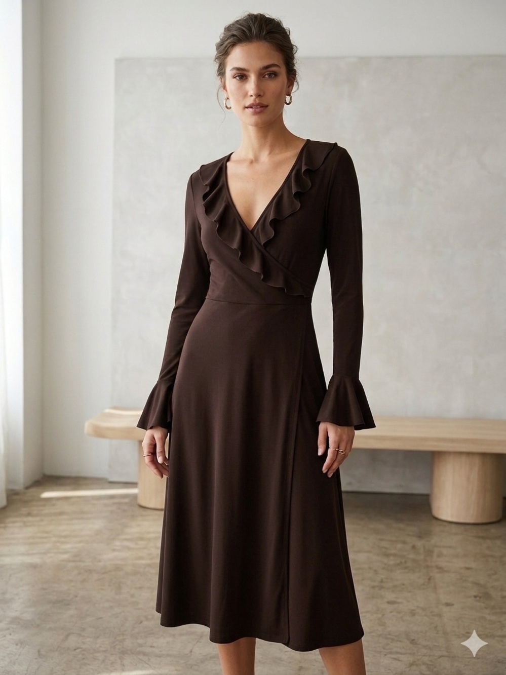 Express‎ Chocolate Brown Ruffle-Trim Wrap Midi Dress